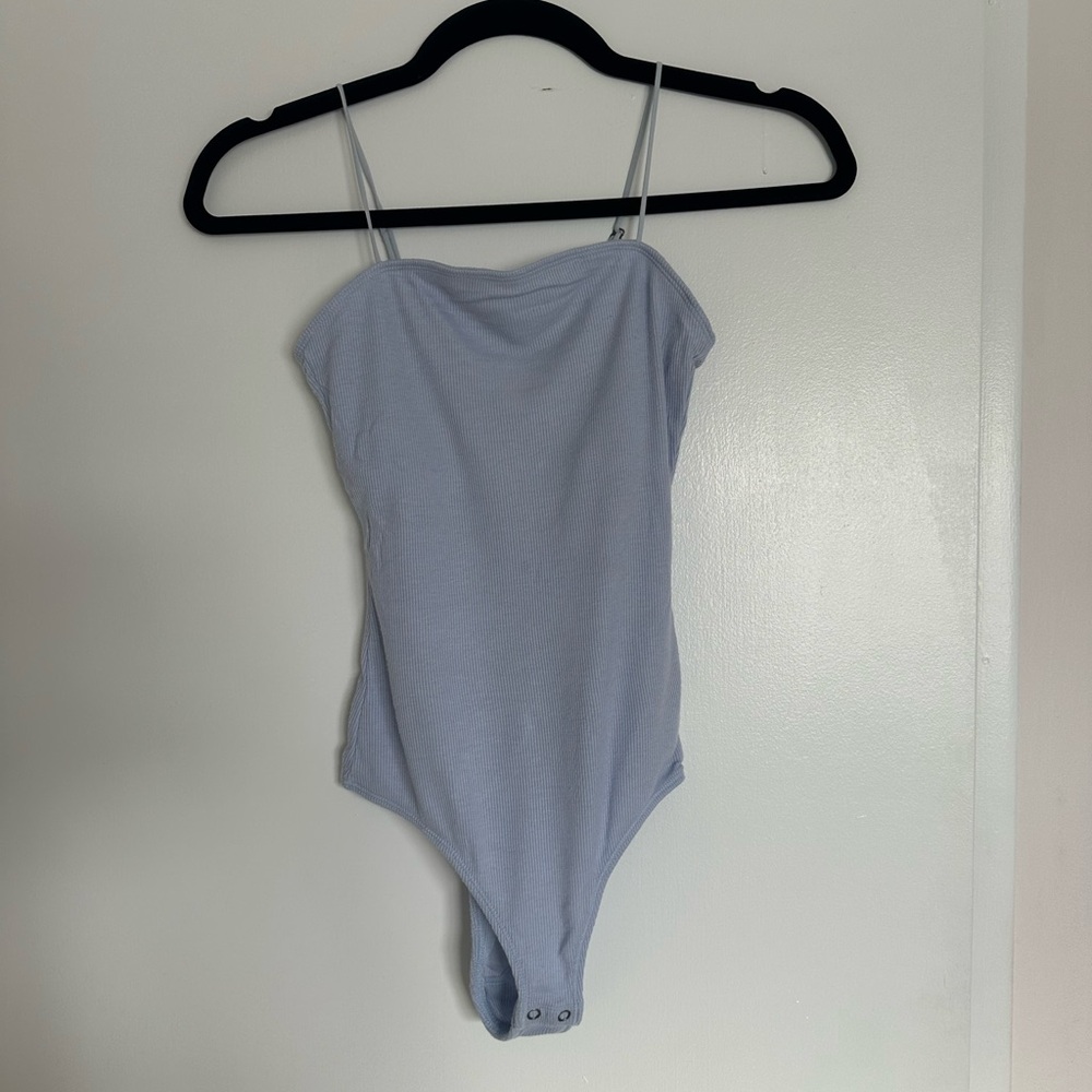 Blue ribbed bodysuit going out top